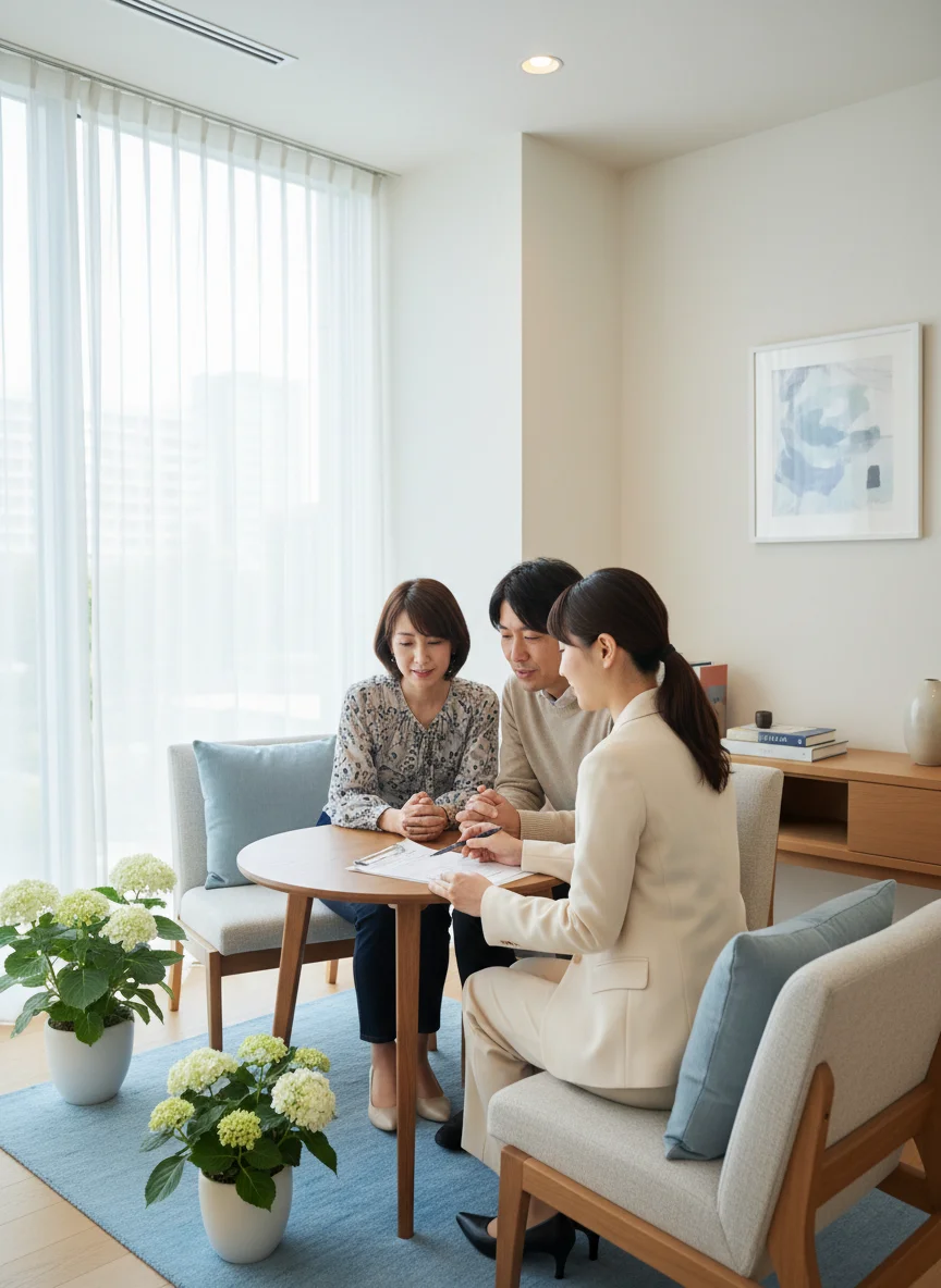相談室で笑顔を見せながら会員と話す女性カウンセラー